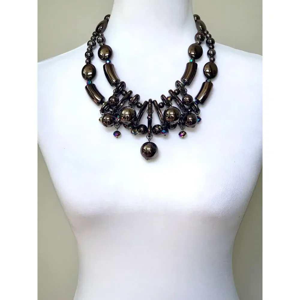 Vintage You & I Dark Metallic Chunky Beaded Statement Bib Necklace